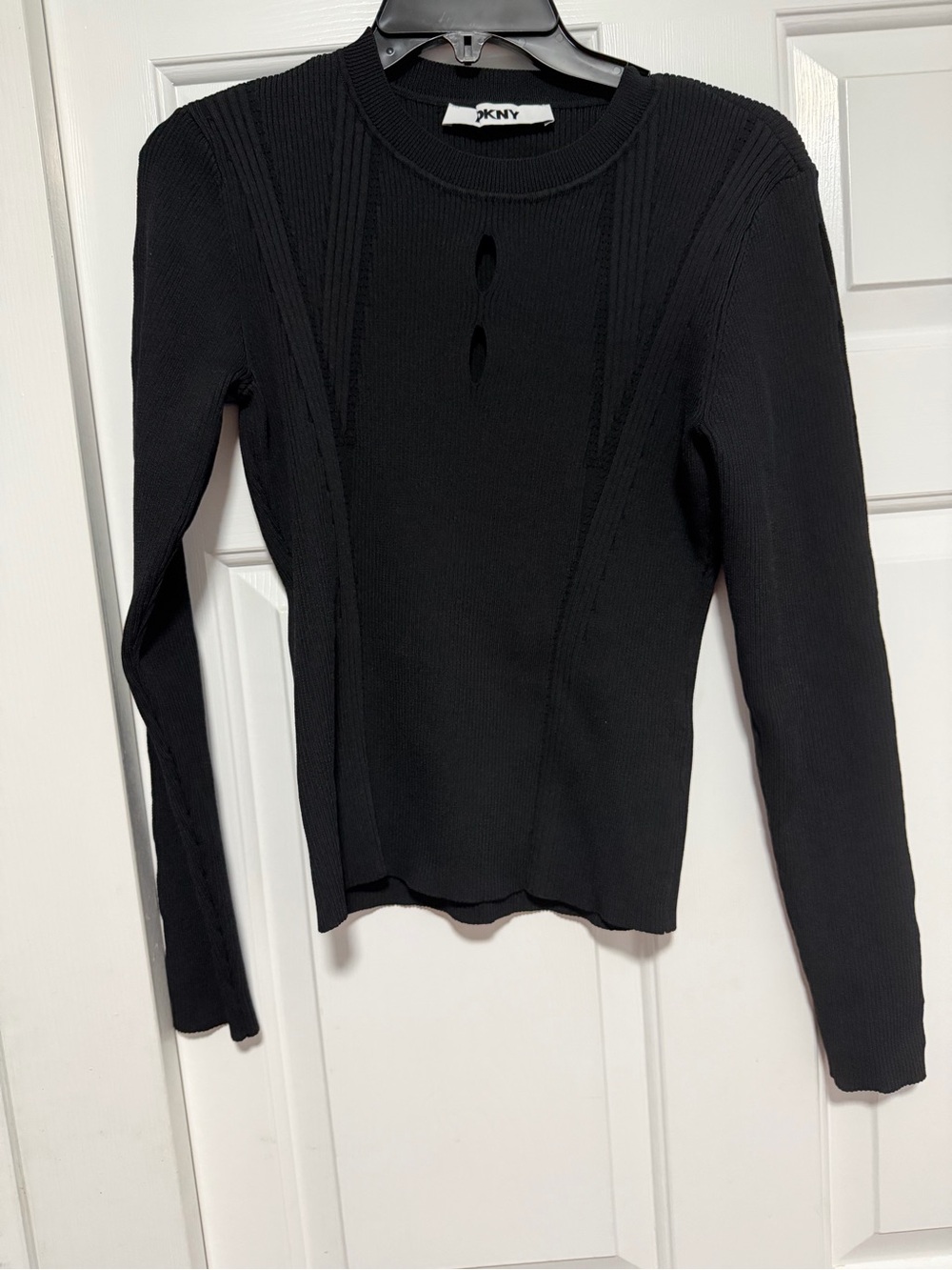 DKNY Black Ribbed Long Sleeve Top with Keyhole Detail